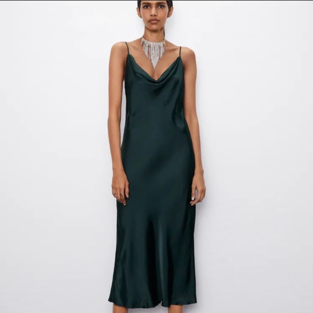 Zara cowl neck satin slip midi dress in emerald